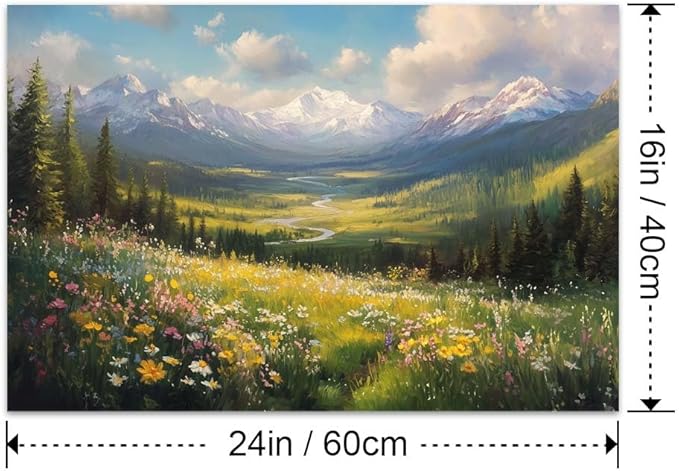 Yesad Wildflower Field Landscape Canvas Wall Art, Alpine Mountain Painting Wildflowers Pictures Poster Flower Prints Vintage Nature Wall Décor for Living Room, Bedroom (Unframed,24”x16”,Wildflower4)