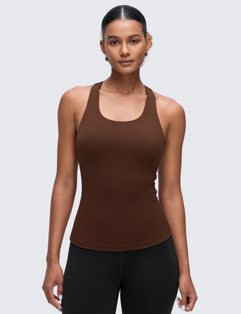 CRZ YOGA Butterluxe Workout Racerback Tank Tops for Women - Padded Athletic Spandex Yoga Shirts with Built in Bra Lava Brown X-Large
