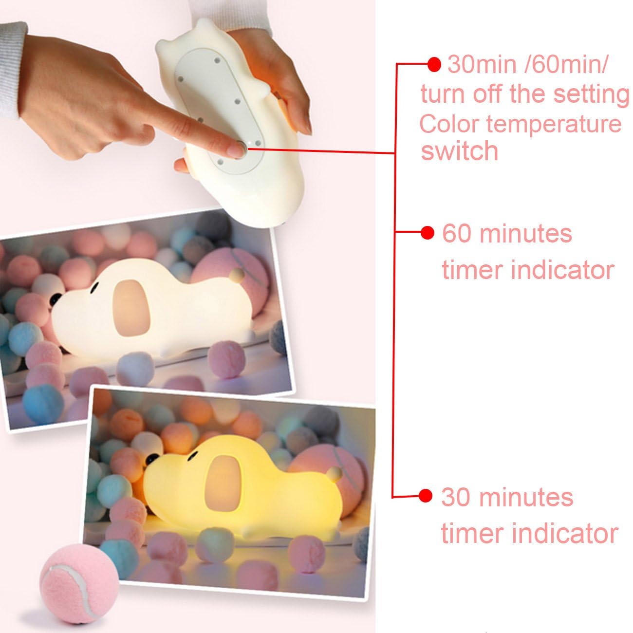 S NMT Silicone LED Papa Puppy Night Light Touch Sensor Switching Night Lamp, Transform Between Warm White 2700K and White 6500K, Safe SIL+ABS, Sleep Timer Setting for Kids Babies Bedside and Nursery