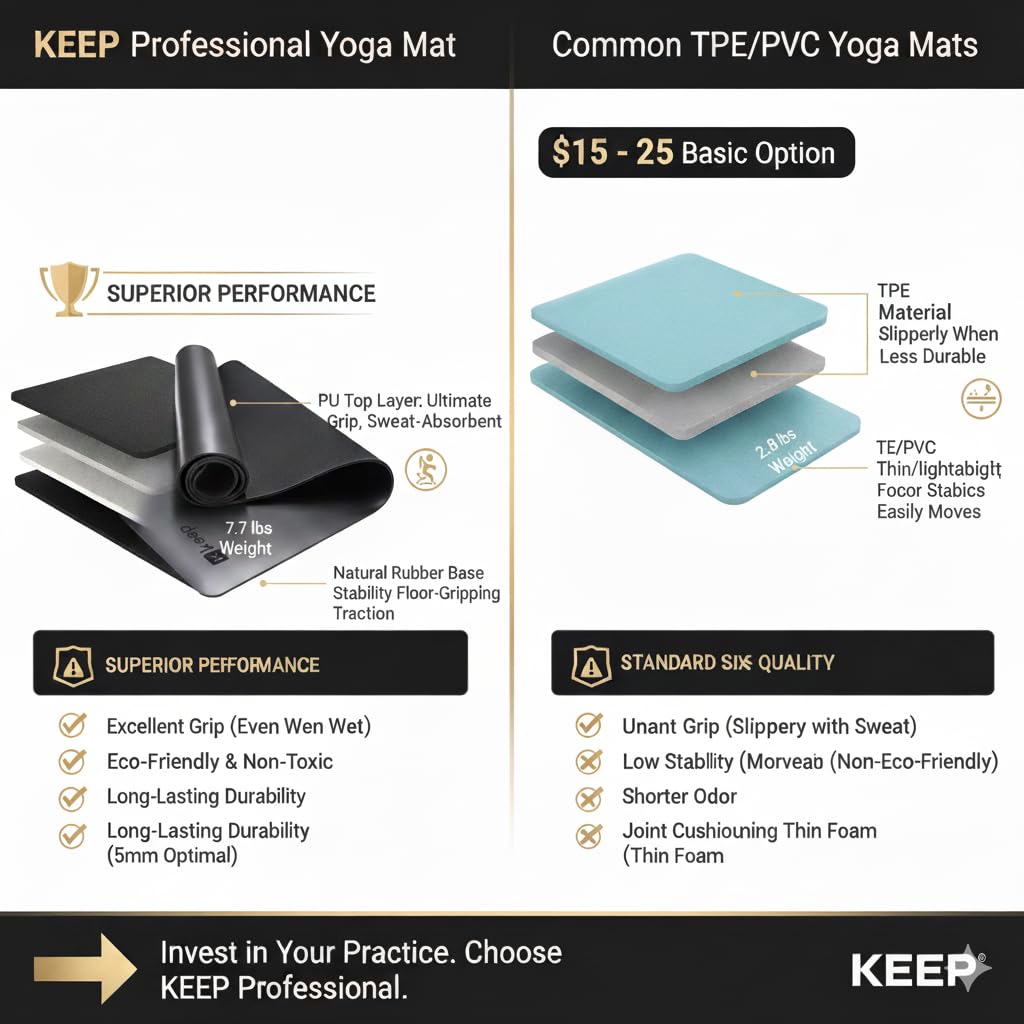KEEP Rubber Yoga Mat - Professional Sweat Absorbent PU & Natural Rubber. Non Slip Workout Mats for Women & Men, 5mm Thick, 72"x26" Extra Long Wide Pad for Hot Yoga, Pilates, HIIT, Home Gym - Strap Included,Green