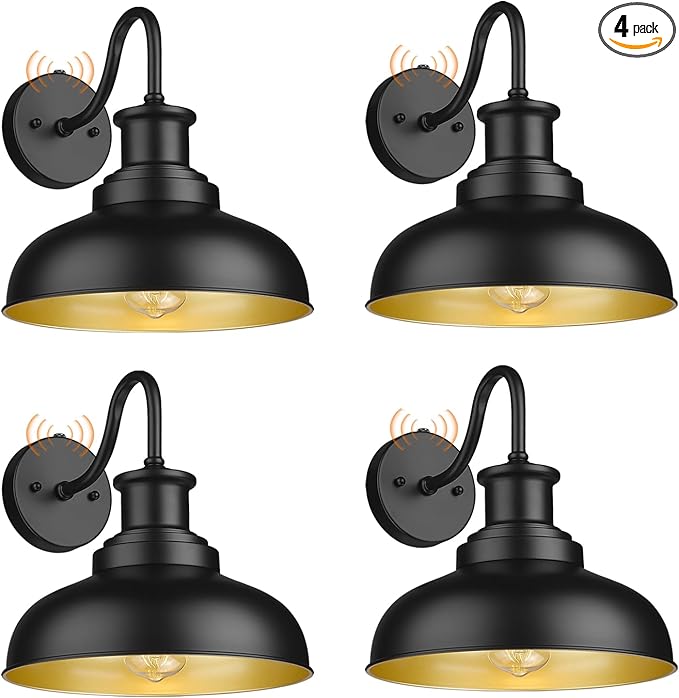 Dusk to Dawn Outdoor Gooseneck Barn Lights Outdoor Wall Sconces Farmhouse Exterior Wall Mount Light Vintage Outside Lighting Fixture Industrial Black Lanterns for Porch Garage Shed Patio, 4 Pack