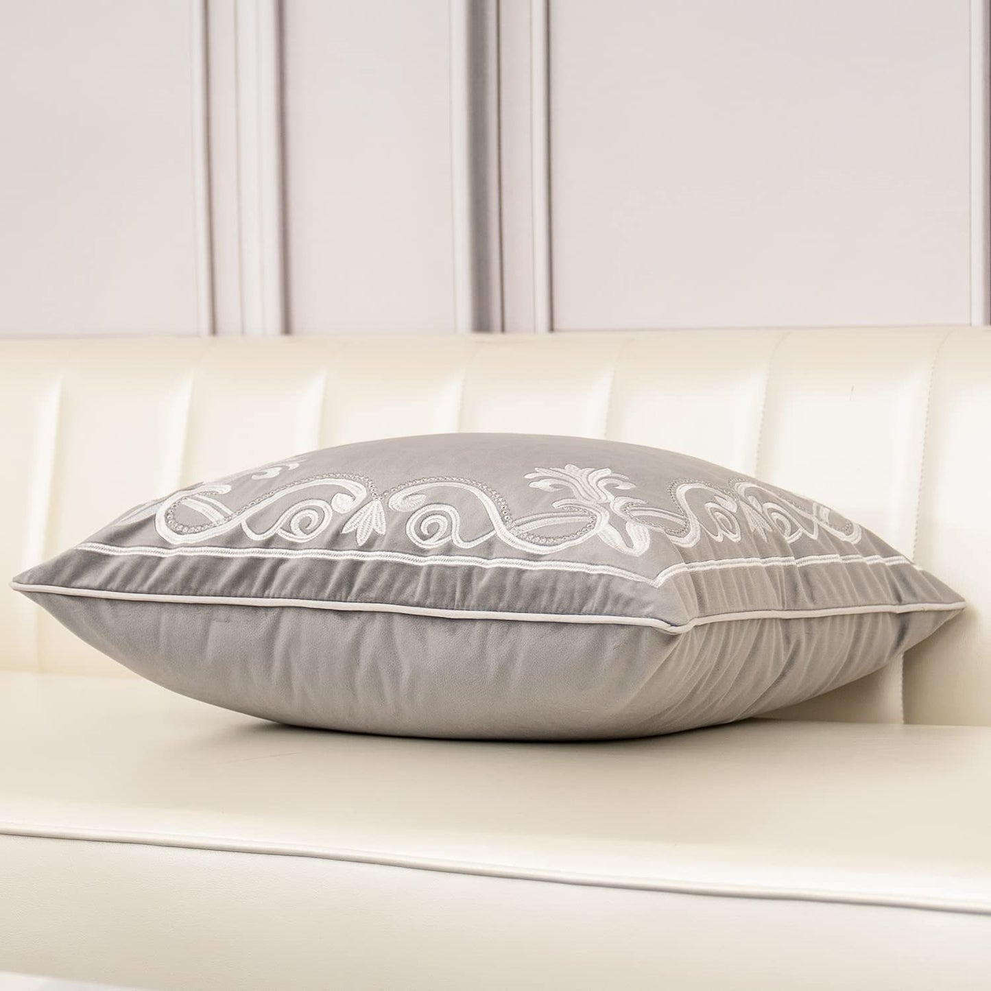 Aeckself European Floral Pillow Cover 18x18 Inch, Luxury Velvet Embroidered Decorative Throw Pillow Cover for Couch Bedroom Living Room, Grey and White