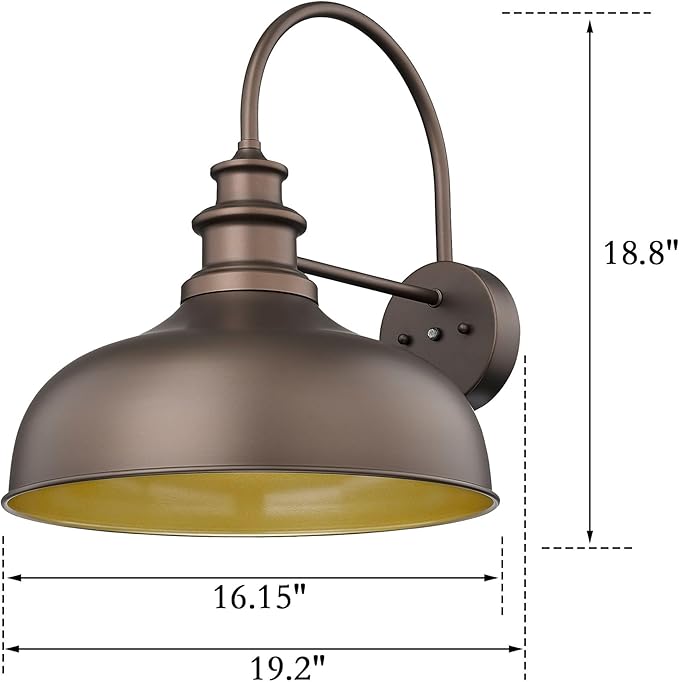 Bestshared 16 Inch Dome Large Dusk to Dawn Sensor Gooseneck Barn Light Farmhouse Outdoor Wall Sconce Industrial Exterior Wall Lighting Fixture, Outside Lantern Garage Lamp (ORB+Gold, 16” Dome-2Pack)