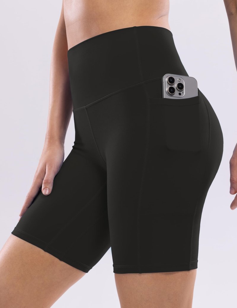 POSHDIVAH Women's Creamluxe Yoga Shorts with Pockets - 8" High Waisted Spandex Workout Running Volleyball Biker Shorts, Black Large