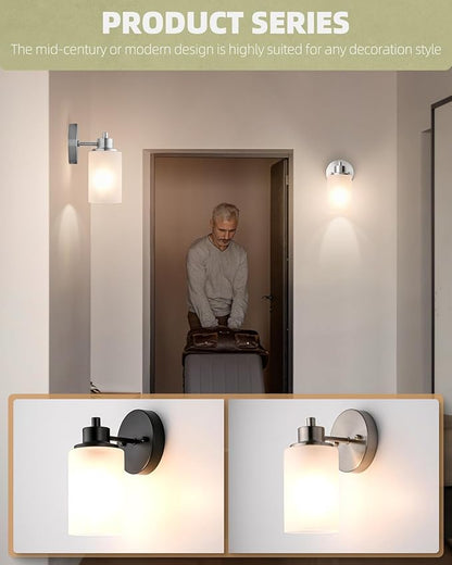 2 Pack Modern Elegant Wall Sconces Bath Vanity Light Fixtures Wall Mounted Lighting Brushed Nickel White Frosted Glass Shade
