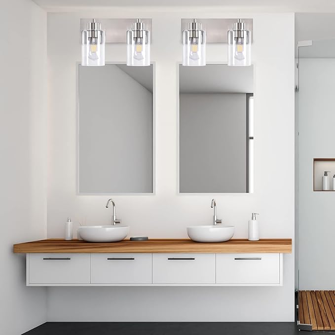 Bathroom Light Fixtures, 2-Light Brushed Nickel Bathroom Vanity Light, Modern Wall Sconces with Clear Glass Shade for Hallway Kitchen Foyer