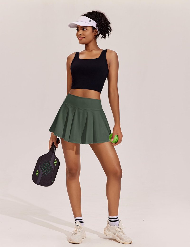 PINSPARK Womens Pleated Tennis Skirt with Shorts High Waisted Athletic Golf Skorts Tummy Control Workout Skirts, Camo Green XS
