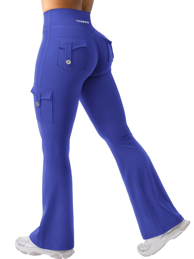 YEOREO CoreFlex Women Workout Flare Leggings with Pockets Hidden Scrunch High Waisted Cargo Gym Yoga No Front Seam Leggings 30" Inseam Dazzling Blue XXL