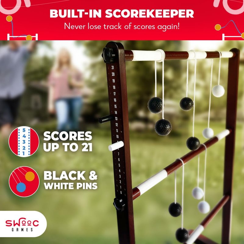 SWOOC Games® - Premium Wooden Ladder Ball Game Set (Weather Resistant) - with 10+ Games & Carrying Case - Easy, No Tool Set Up - Premium Ladder Toss Outdoor Game - Backyard Ball Toss Games