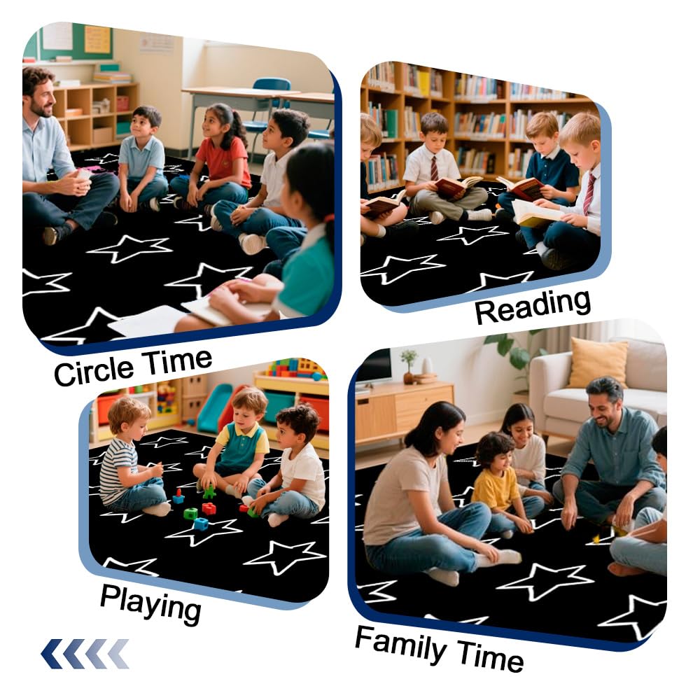 MAISONRINA Large Black and White Classroom Rug Elementary with Seating Spots, Stars Classroom Rugs for Preschool Nursery Daycare, Educational Kids Carpet for Kindergarten, 13'x7'7'' Seats 24(Black)