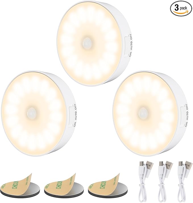 3 Pack Motion Sensor Light Indoor, Upgraded 14 LEDs Night Light USB Rechargeable, 3 Light Modes & Long Last Battery, Cordless Magnetic NightLight for Closet, Bedroom, Stairs - Warm White