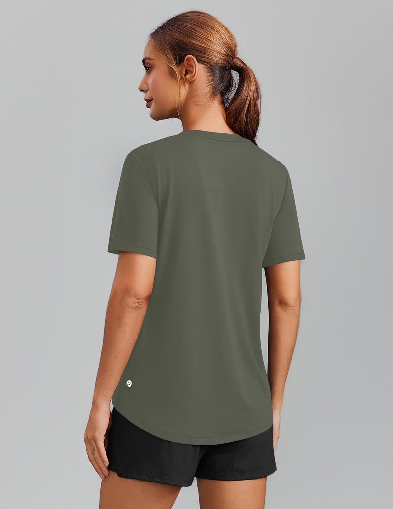 PINSPARK Breathable T-Shirts for Women Short Sleeve V Neck Moisture Wicking Workout Tops Quick Dry Lightweight Athletic Gym Shirts,Olive Green Medium