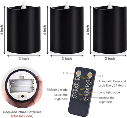 Black Pillar Flameless Candles - 3D Flickering, Remote Timer, Battery Operated, 600+ Hours, Halloween & Gothic Themed Decor (Black, 3"*4"-3pcs)