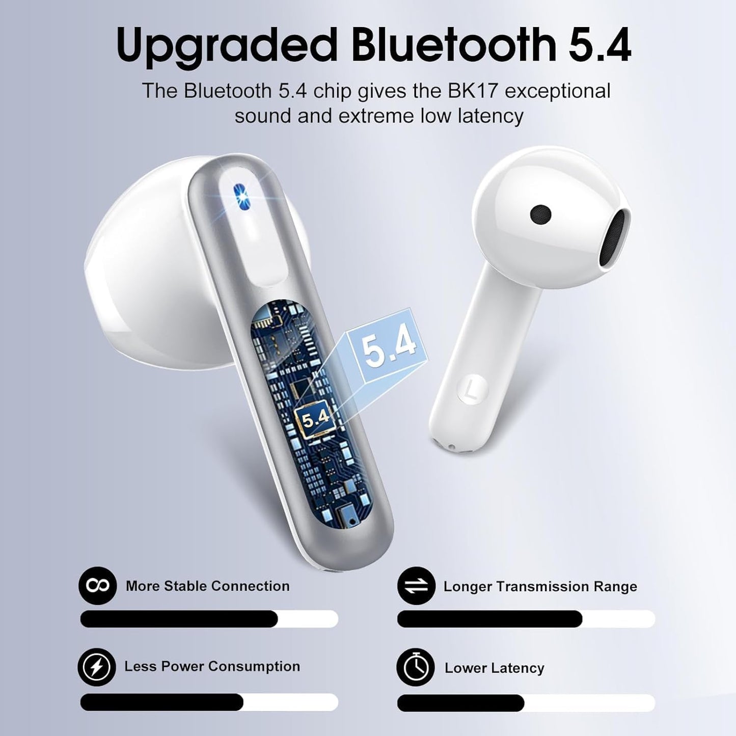 Wireless Earbuds, Bluetooth 5.4 Headphones with 3D Bass Stereo, Bluetooth Earbuds with 4 ENC Noise Cancelling Mic, 40H Ultralight In-Ear Buds USB-C, IP7 Waterproof Earphones for Android iOS, Silver