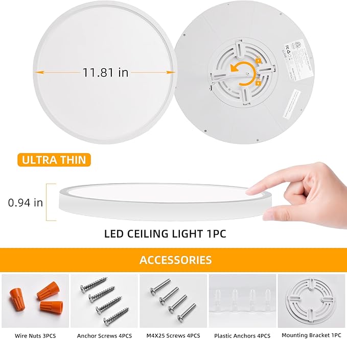 Hlite 2pack 12 inch Flush Mount LED Ceiling Light Fixtures, 24W 2400LM Super Slim, 3000K/4000K/5000K 3CCT Selectable, for Kitchen, Bedroom (White)