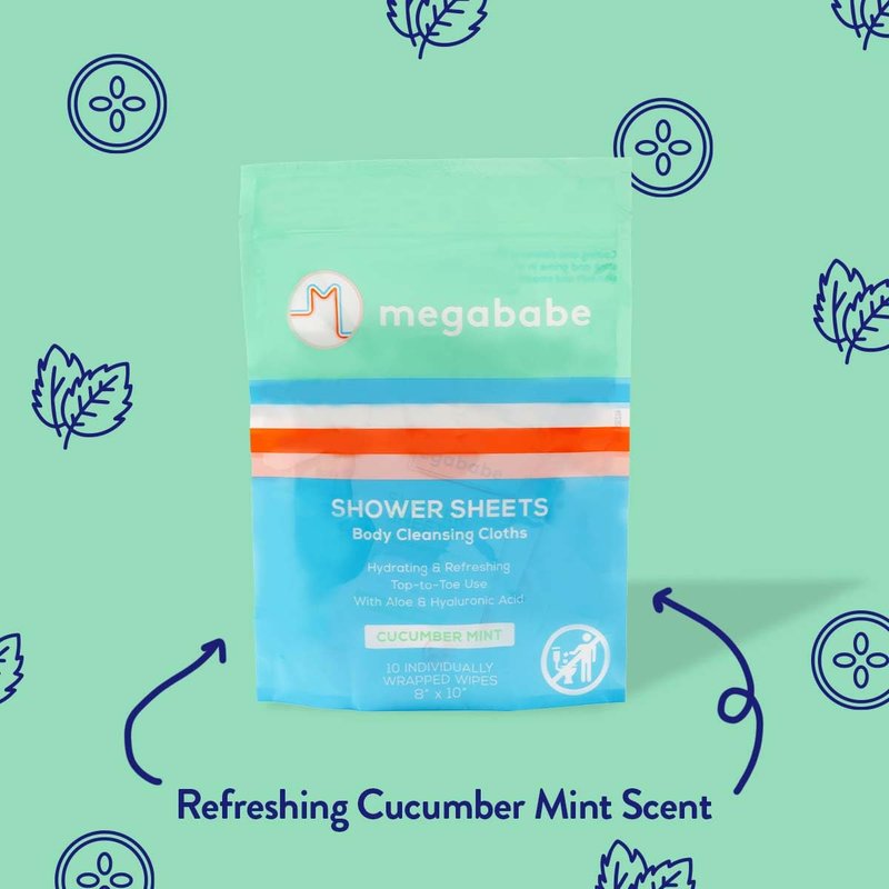 Megababe Cucumber Mint Shower Sheets | Summer and Hot Weather Essential | Individually Wrapped Body Cleansing Cloths | 10 Wipes (Pack of 1)