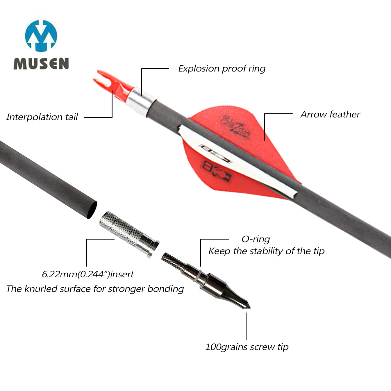 Musen Pure Carbon 30 inch Arrows Hunting Arrows for Recurve Bow,100% Carbon Archery Target Arrows with Removable Tips for Youth Hunters & Bowhunters (Pack of 12) (SP400)