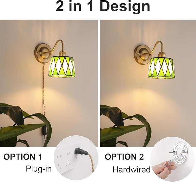 Vintage Wall Sconce, Wall Mounted Lamps with Green Checker Sconce, Stained Glass Shade Gold Wall Lights Fixture with Plug in Cord and Switch for Bedroom Bathroom Living Room Hallway