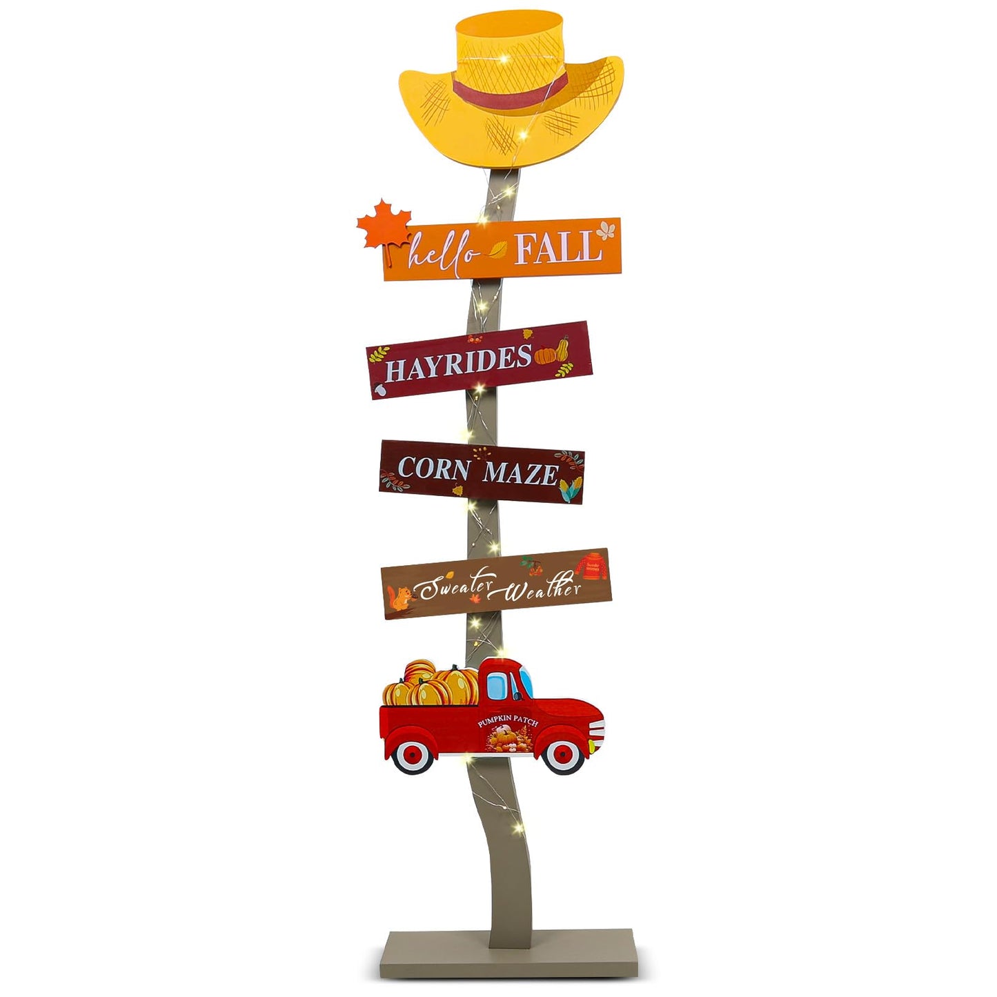 Lighted Wood Hello Fall Porch Sign,Fall Welcome Porch Decor,Autumn Maple Pumpkin Truck Sweater Weather Standing Wooden Signs for Harvest Thanksgiving Decor