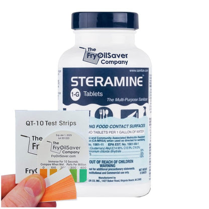 1 Bottle Steramine Sanitizer Tablets w/15x QT-10 Test Strips - Multi Purpose Steramine Sanitizing Tablets for Food Contact Surface, Kitchen, Restaurant & Commercial Use by FryOilSaver (150 Count)