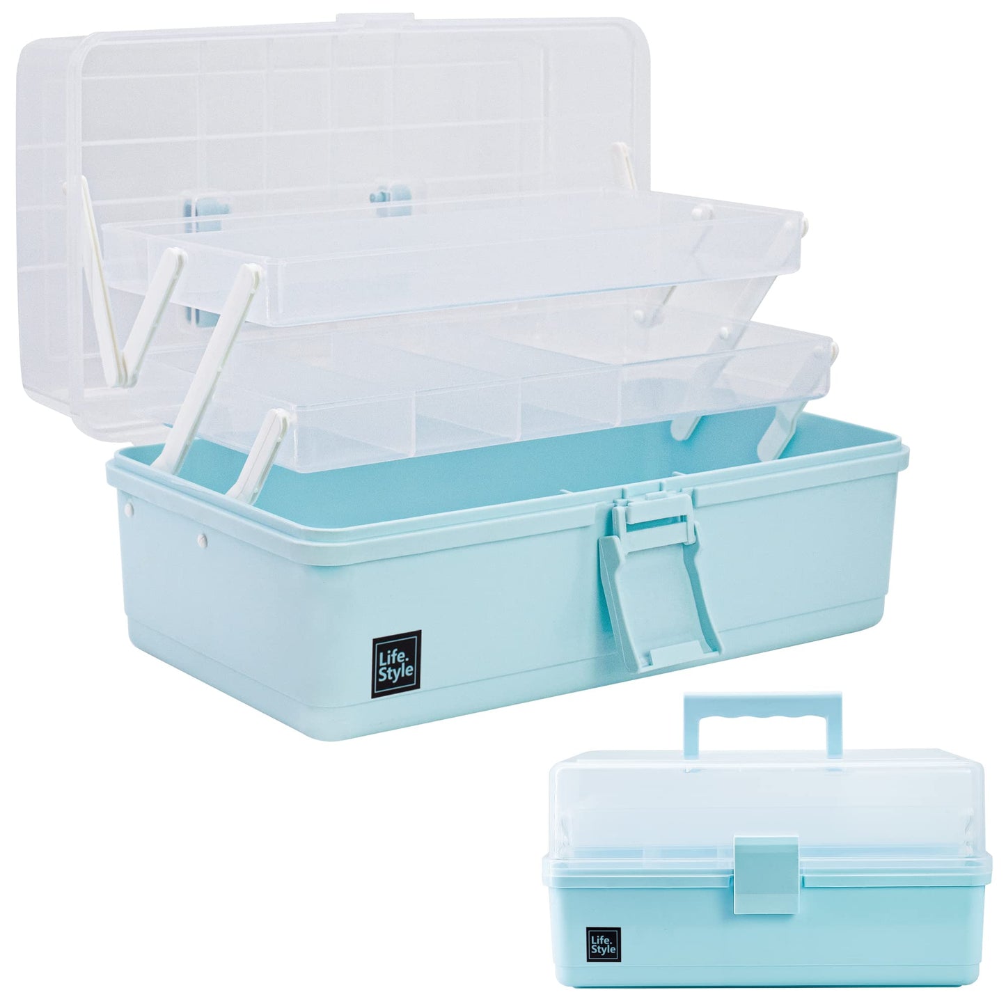 Creahaus 13 inch Art Craft Organizer Storage Box with 3 Layer, Multipurpose Plastic Tool Box with Handle for Sewing, Art Supply, Medicine, Nail, Hair Accessories (Blue)