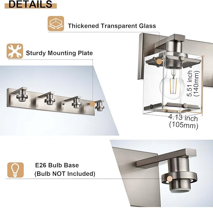 5-Lights Brushed Nickel Bathroom Wall Light with Clear Glass Shade, E26 Bulb Base Vanity Lighting Fixtures Over Mirror for Kitchen Cabinet Bedroom