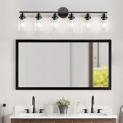 6-Light E26 Black Bathroom Vanity Lights, Modern Bathroom Light Fixtures with Clear Glass Shade, Wall Lamps for Mirror Hallway Kitchen Cabinet Living Room Sconces Lights