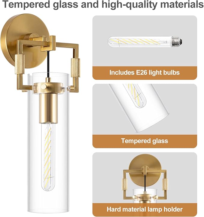 BELS 15inch Gold Wall Sconce, Modern Straight Glass Shade Wall Light, 3000K Warm Light, E26, Hardwired Wall Light Fixtures for Living Room, Bedroom, Dining Room, 1 Pack(Bulb Included)
