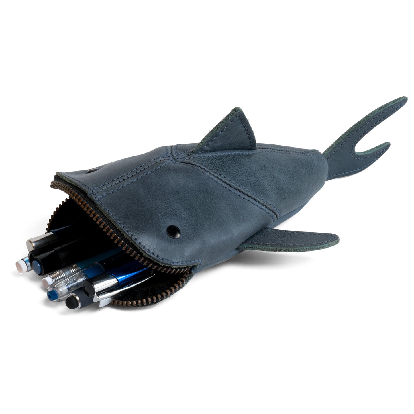 Hide & Drink, Full Grain Leather Zipper Coin Pouch, Change Bag, Pencil Purse, Scissors Case, Shark Shaped Cable Holder, Wallet, Makeup, Stuffed Animal, Handmade, Slate Blue