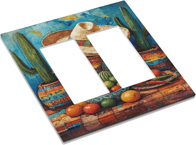 Decorative Art Light Switch Covers Mexican Sombrero & Serape Vibes 2 Gang Dual Rocker Outlet Switch plate Faceplate GFCI for Home Decor