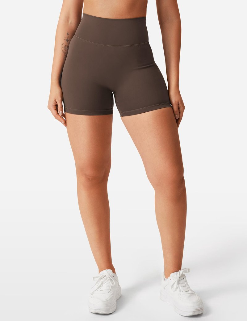 YEOREO Women's Biker Shorts 4.5" / 6" Workout Gym Shorts Craze High Waist Tummy Control Hidden Scrunch Running Yoga Shorts Coffee