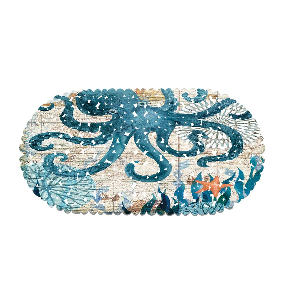 MOLFUJ Non Slip Octopus Bathtub Mat with Suction Cups, Oval Pebble Shower Mat for Baby Tub,Safety Vinyl Anti-Skid Decoration Bath Mat, Coastal Ocean Beach Nautical Themed Decor Bathroom Accessories