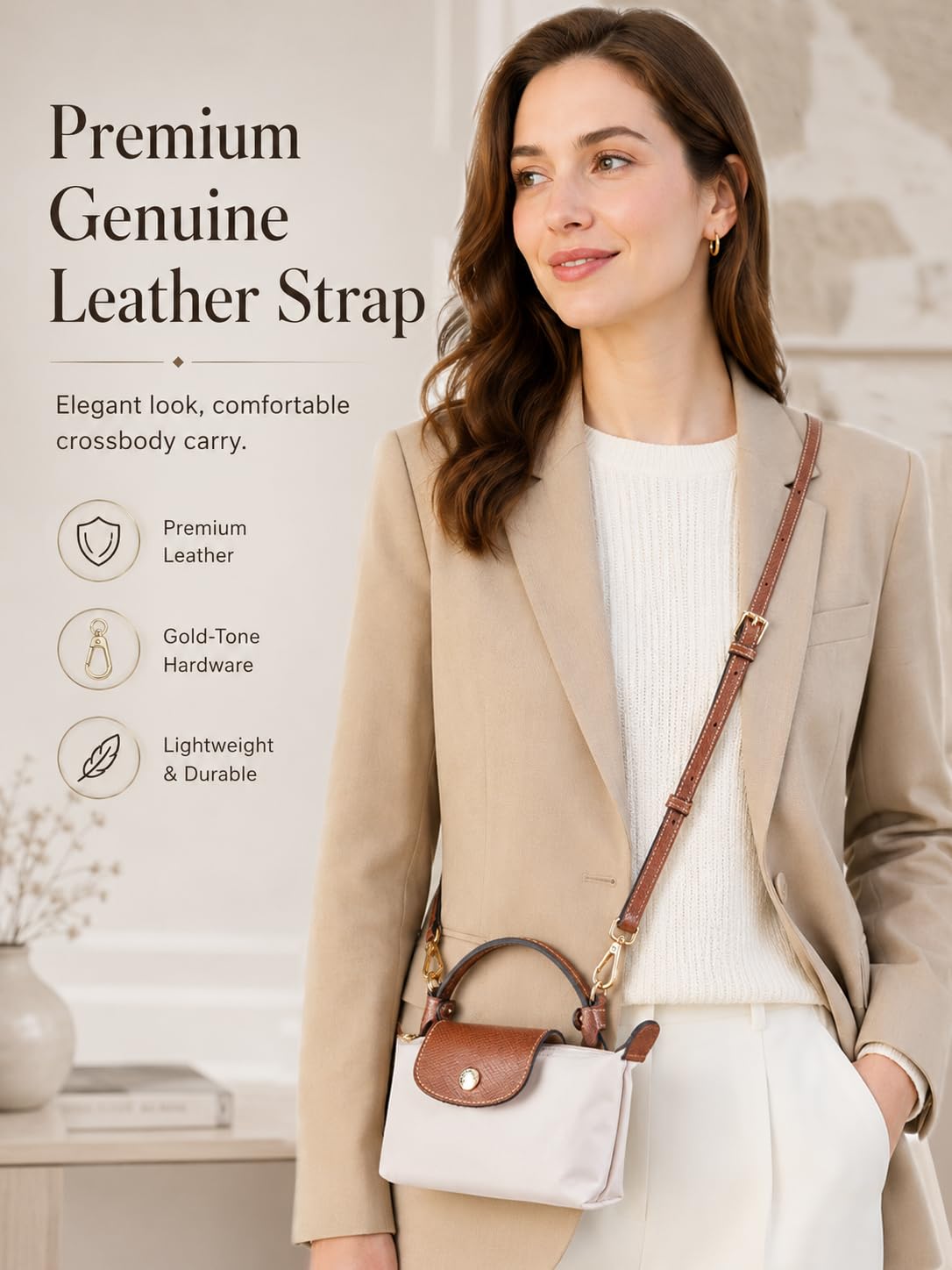 ATSEKTZ Purse Organizer Insert & Leather Strap Conversion Kit Set, Compatible with Longchamp Le Pliage Mini Bag – Felt Inner Liner & Adjustable Shoulder Strap, Beige