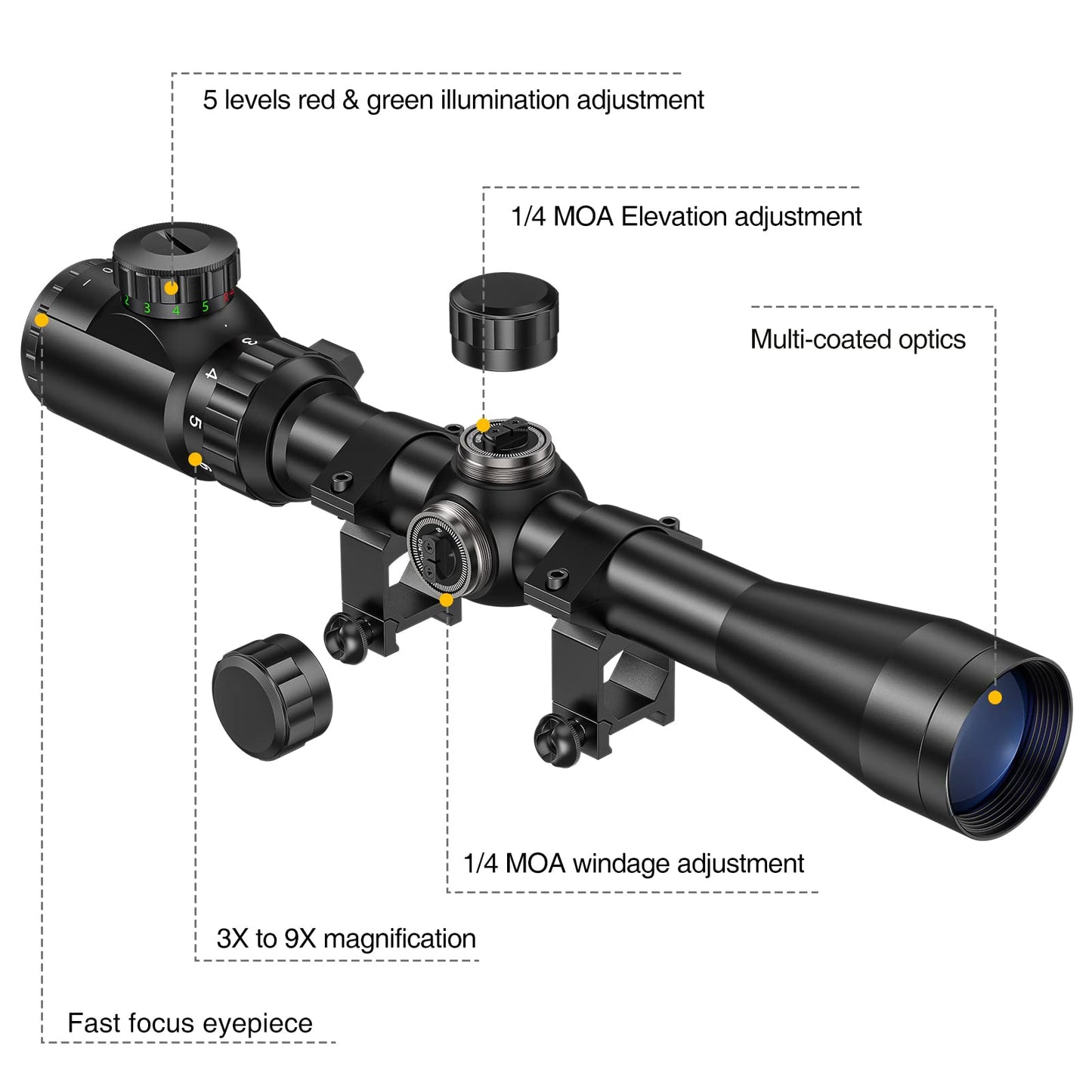 CVLIFE 3-9x40 Rifle Scope, Red & Green Illuminated Optical Riflescope, 22 Scope for Hunting with Mounts (Rangefinder Reticle)