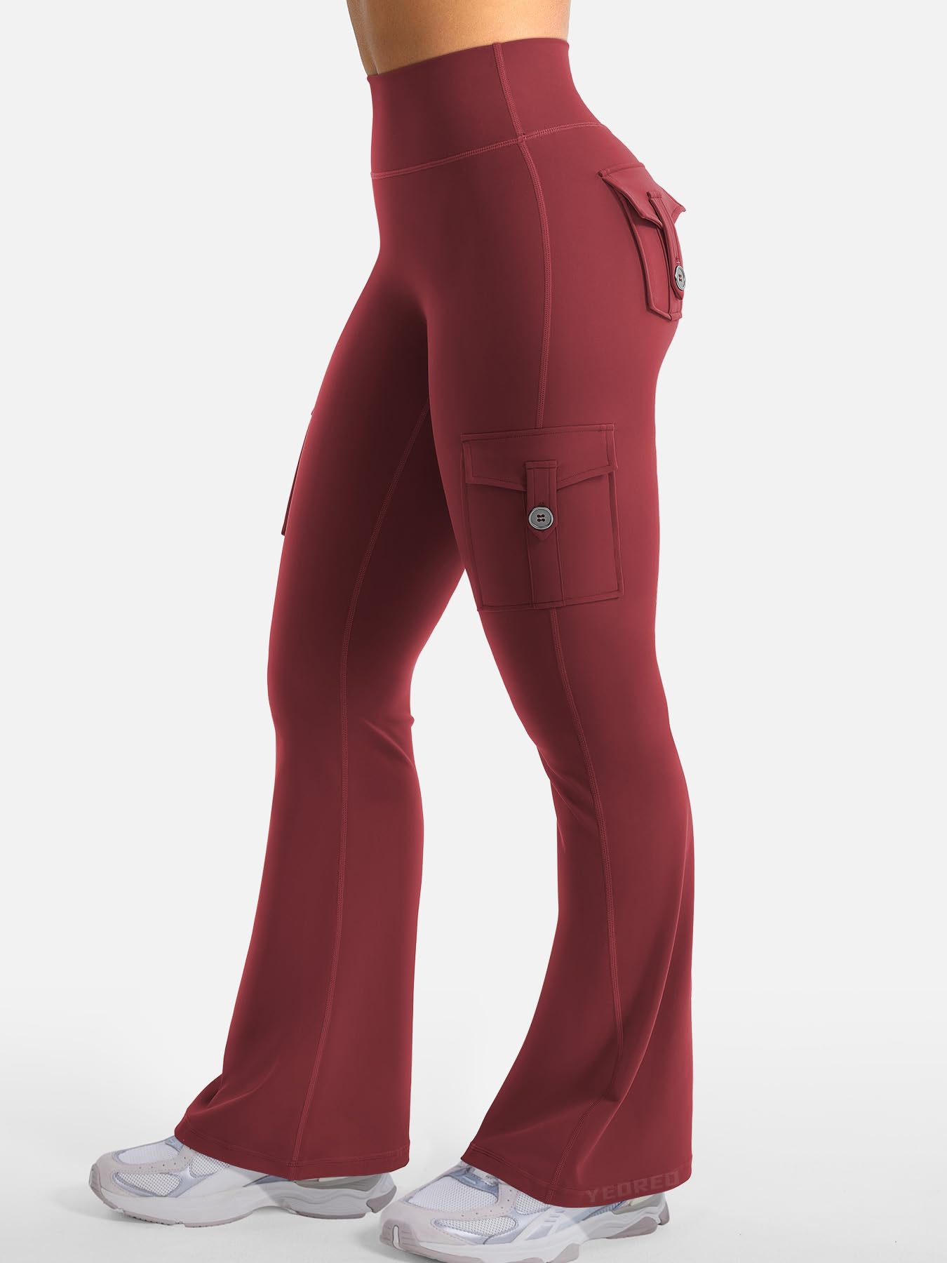 YEOREO CoreFlex Women Workout Flare Leggings with Pockets Hidden Scrunch High Waisted Cargo Gym Yoga No Front Seam Leggings Anchor Red XL