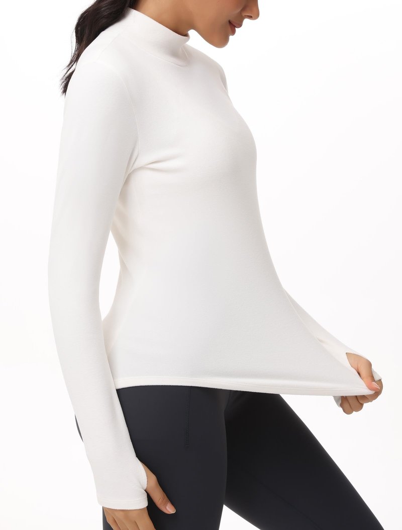 THE GYM PEOPLE Fleece Mock Turtleneck Pullover Base Layer Shirts Long Sleeve Workout Tops with Thumb Hole Beige