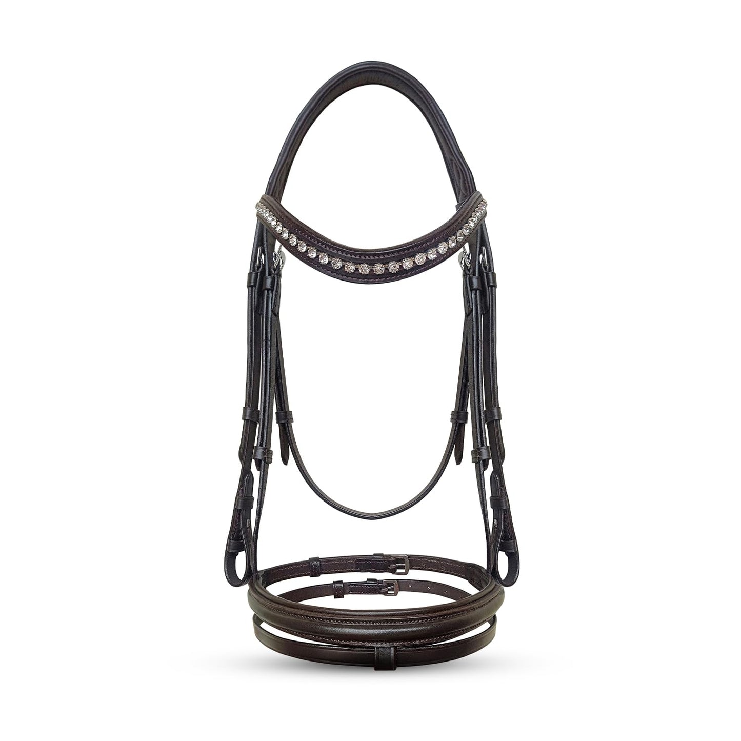 Equine Care Leather English Horse Bridle with Reins, Full Size Havana Brown, Raised Fancy-Stitched Hunter Show Bridle with Clear Crystal Browband, Padded Crownpiece, Stainless Steel Hardware