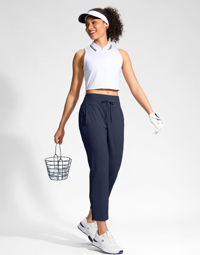 YYV Women's Pants with 3 Pockets High Waisted Golf Athletic Pants 7/8 Stretch Ankle Pants for Women Workout Travel Casual(Navy Medium)