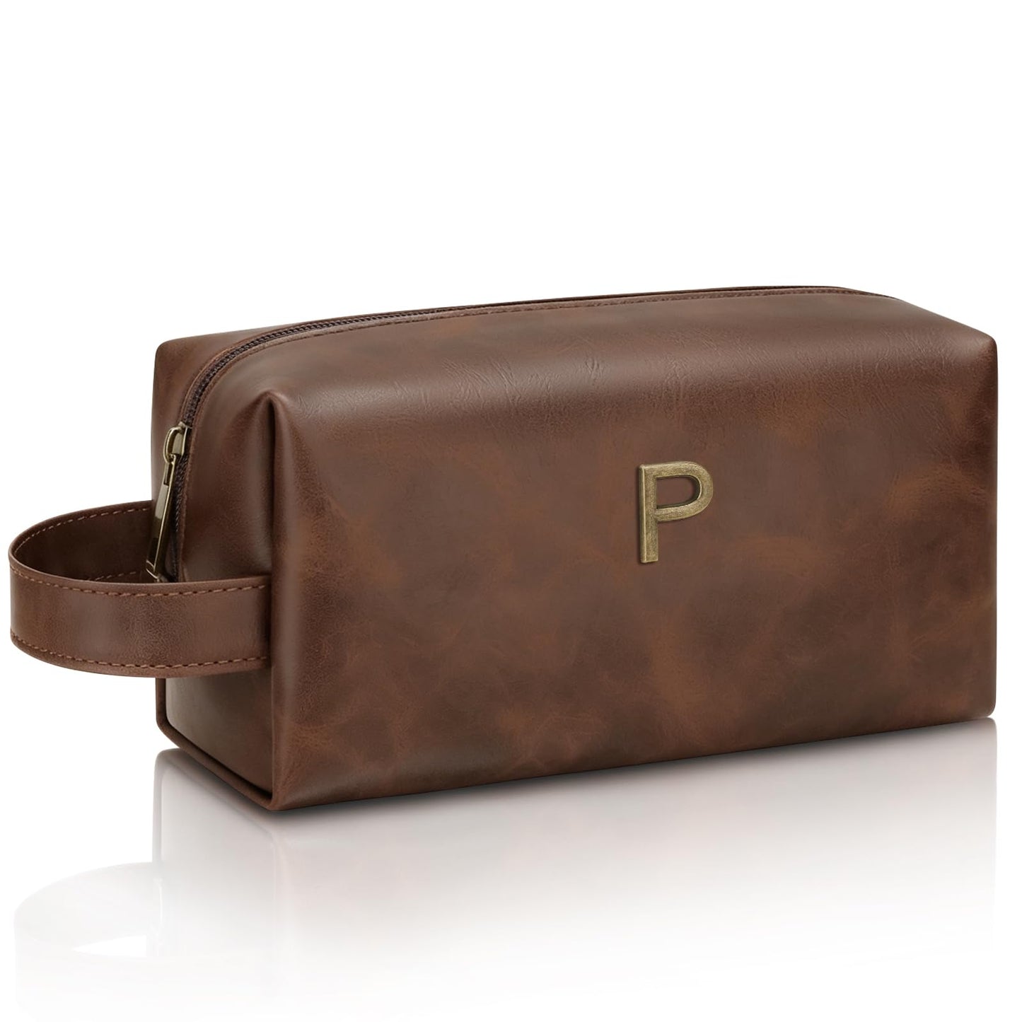 CLOUDWINGS Men’s Father's Day Personalized Gift Initial Travel Toiletry Bag for Him PU Leather Waterproof Shaving Bag for Travel Essentials Birthday Gift for Dad Husband Boyfriend (P)