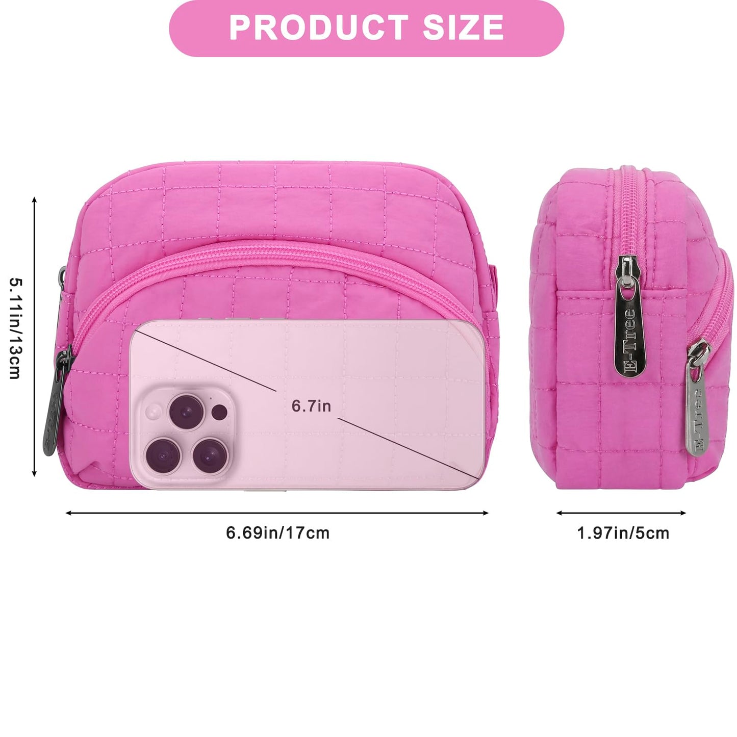 E-Tree Makeup Bag, Quilted Cosmetic Bag for Women, Puffer Make up Pouch for Purse,Travel Toiletry Organizer Case (Pink)