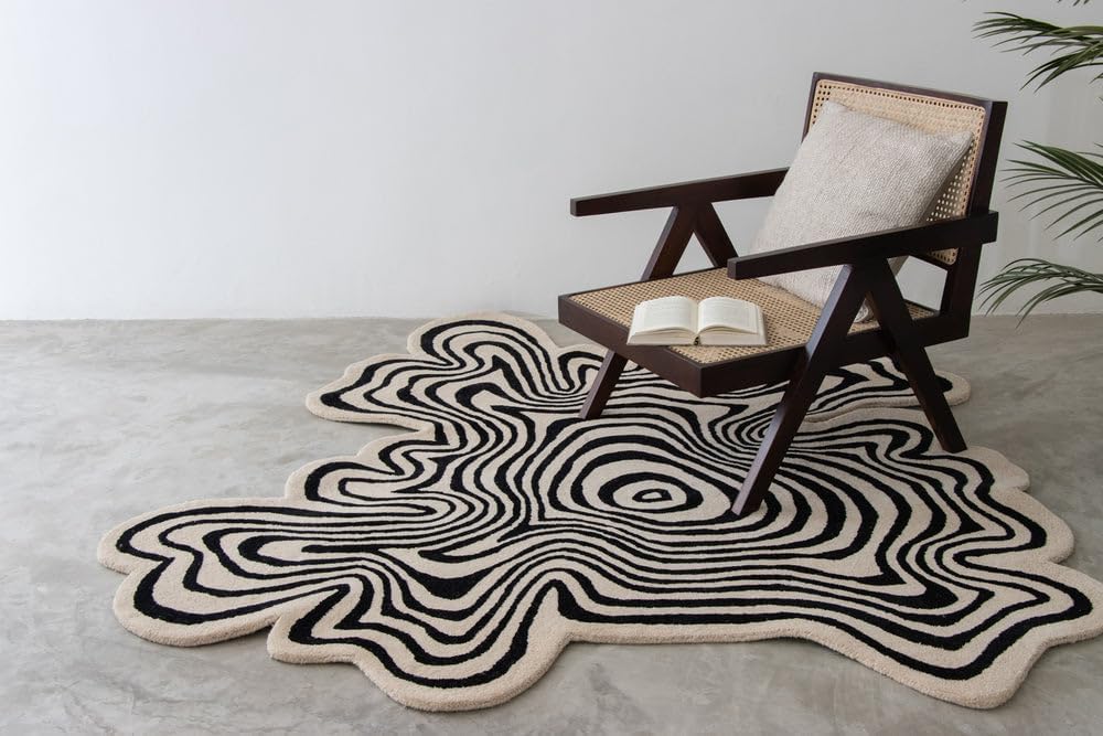 Rugs Restoration and Renovation Irregular Shaped Throw Rug Illusion Pattern | Handmade 100% Wool Modern Colourful Stripe Hand-Tufted Area Rugs (5x5 Feet)