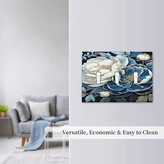 White Blue Flower Peonies Light Switch Covers 3 Gang Triple Toggle Wall Plate Decorative Switchplate Electrical Faceplate for Farmhouse Living Decor
