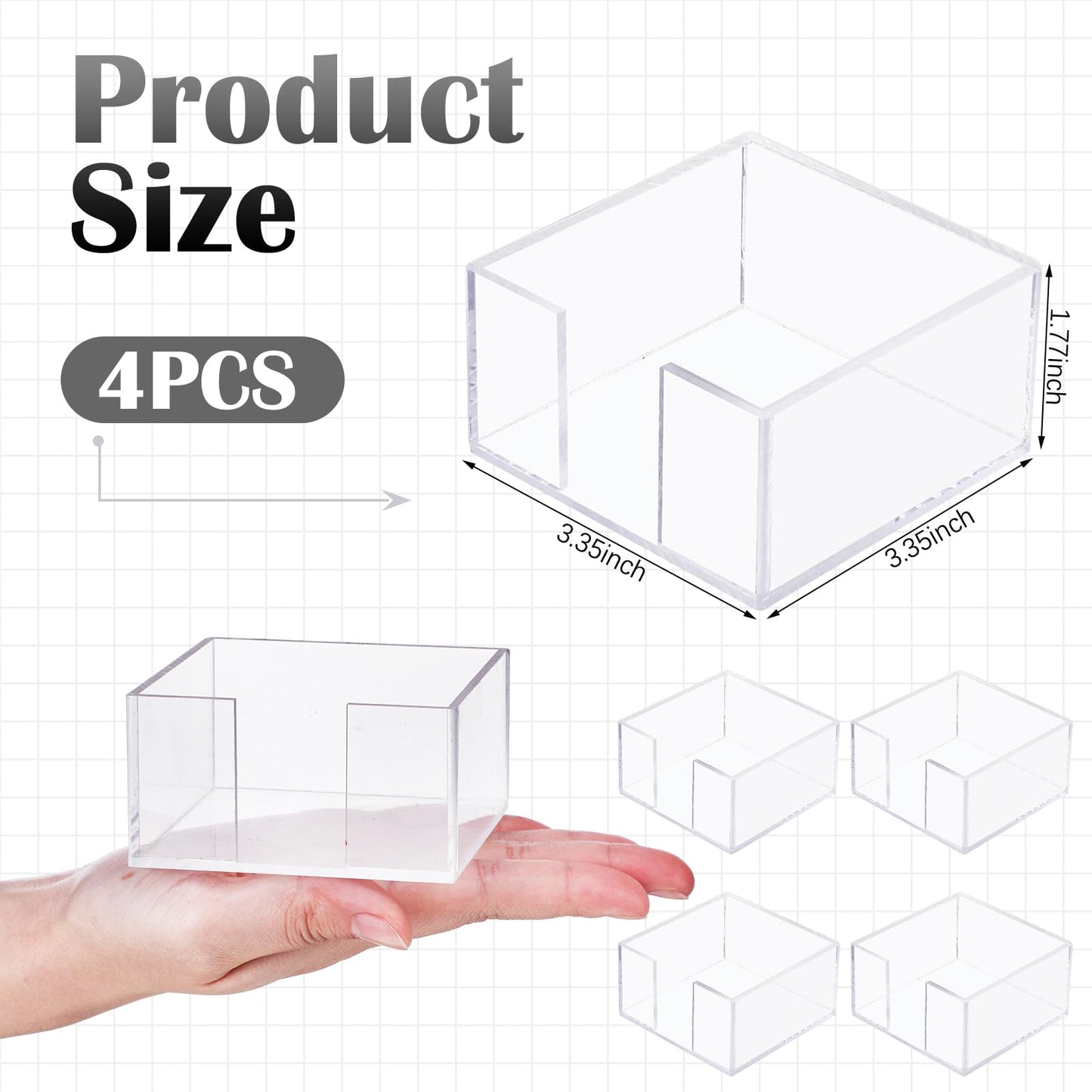 Threehoney 4 Pcs Acrylic Sticky Note Holder 3 x 3 Clear Crystal Acrylic Note Dispenser Notepad Memo Holder Office Desk Organizer Accessories Sticky for Dorm Room Office Desk