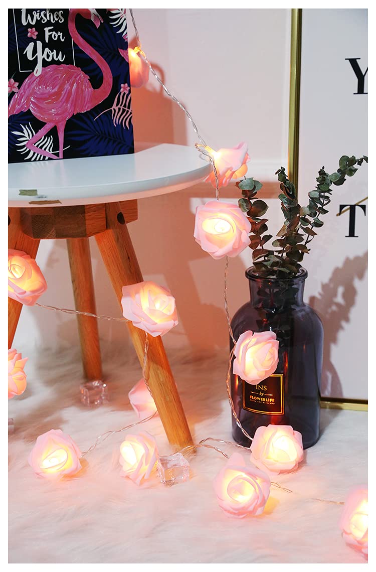Fantasee LED Pink Rose Flower String Lights Battery Operated for Wedding Home Party Birthday Festival Indoor Outdoor Decorations Large Rose Flower Diameter 6cm (6.6ft 20LED, Pink Rose Warm Lights)