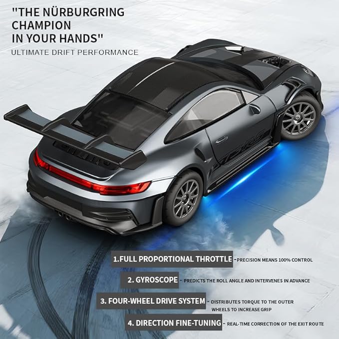 1/43 Scale RC Drift Car 2.4G Full Proportional 4WD Remote Control Car with Gyro Adjustable Speed &amp LED Lights Alloy RC Vehicle for Adult