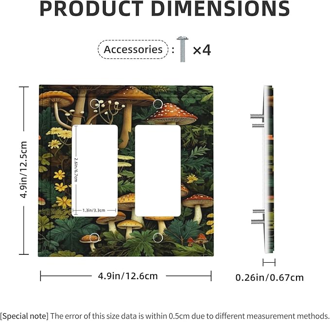 Mushrooms Forest Nature Botanical Art Dual Outlet Covers Wall Plate 2 Gang Rocker Decora Decorative Switchplate Electrical Faceplate GFCI Light Switch Covers for Farmhouse Living Decor