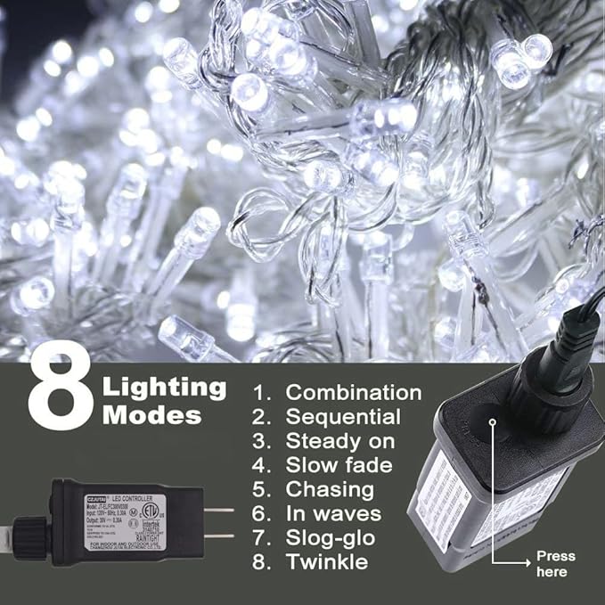 Christmas String Lights - 220 LED 25m/82ft 8 Modes End-to-End Plug in Indoor/Outdoor Waterproof Decorative Fairy Twinkle Lights String for Tree/Wedding/Thanksgiving Day/Patio/Room/Home - Cool White