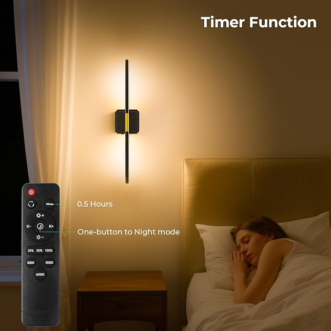 10000mAh Detachable Battery Operated Wall Sconce, Wireless Wall Lamp 360°Rotate,3000-6500K Dimmable, Rechargeable Modern Wall Light for Bedroom, Living Room，28.3" Black Gold (1 Pack)
