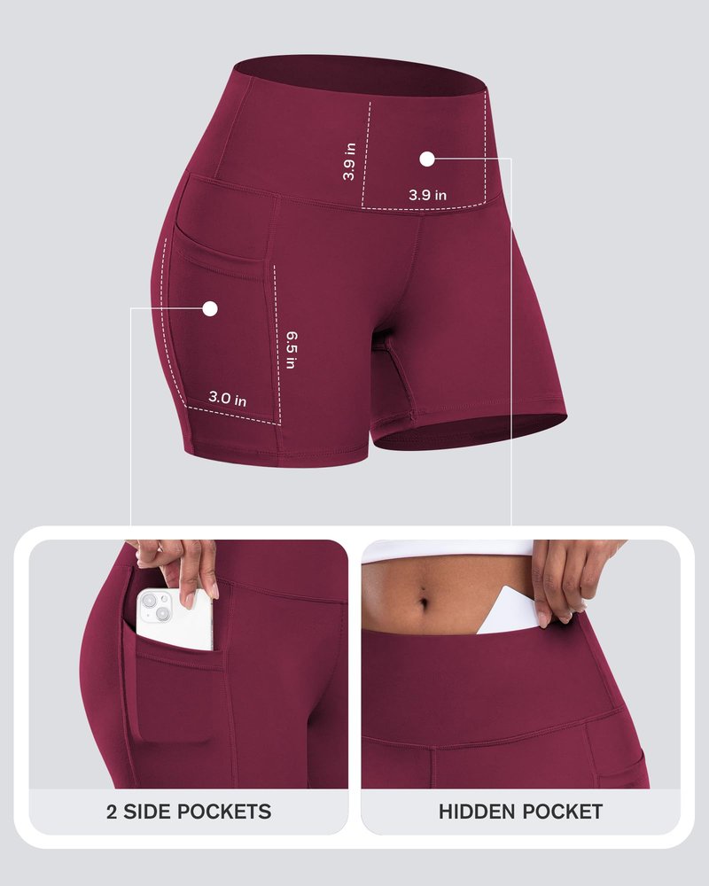 CHRLEISURE Womens Biker Yoga Shorts with Pockets: High Waisted Tummy Control Spandex Workout Athletic Gym Shorts 4 Packs(5'' Black,Gray,Navy,Wine, L)