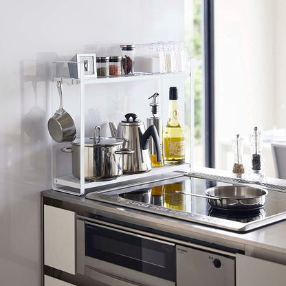 Yamazaki Industries 5150 Horizontal Stove Rack, 2 Tiers, White, Approx. W 20.1 x D 5.5 x H 15.7 inches (51 x 14 x 40 cm), Tower, Gap Storage, Condiment Rack, Holds Pots and Oils, Hooks